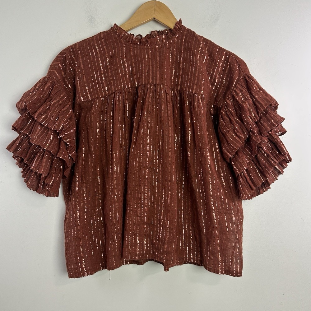 Ulla Johnson Poplin Metallic Top Rust Ruffle Sleeve‎ Boho Lightweight Size 4